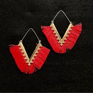 Red Chevron Tassel Earrings on Gold Tone Boho Aztec Southwestern Festival